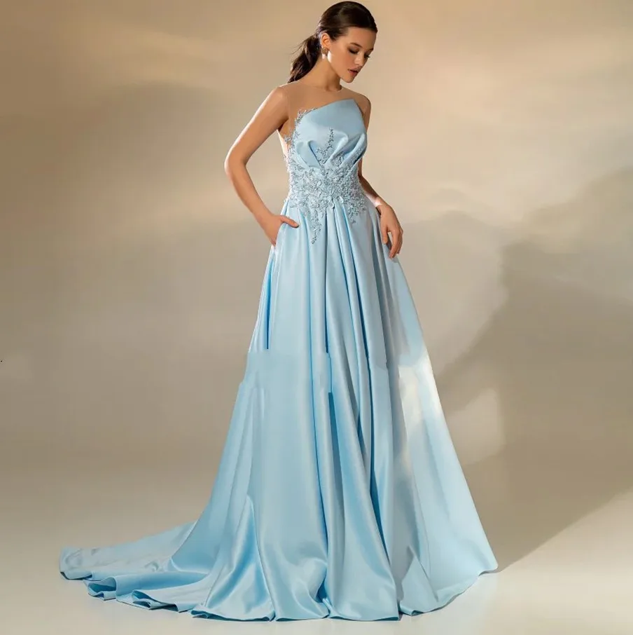 Robes de soirée élégantes bleu ciel pour femmes, col rond, appliques en dentelle, satin, Rhformel, tout ce qui est personnalisé