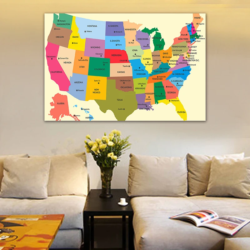 

225*150cm The USA Map In English Non-woven Canvas Painting Decorative Poster and Prints Living Room Home Decor Office Supplies