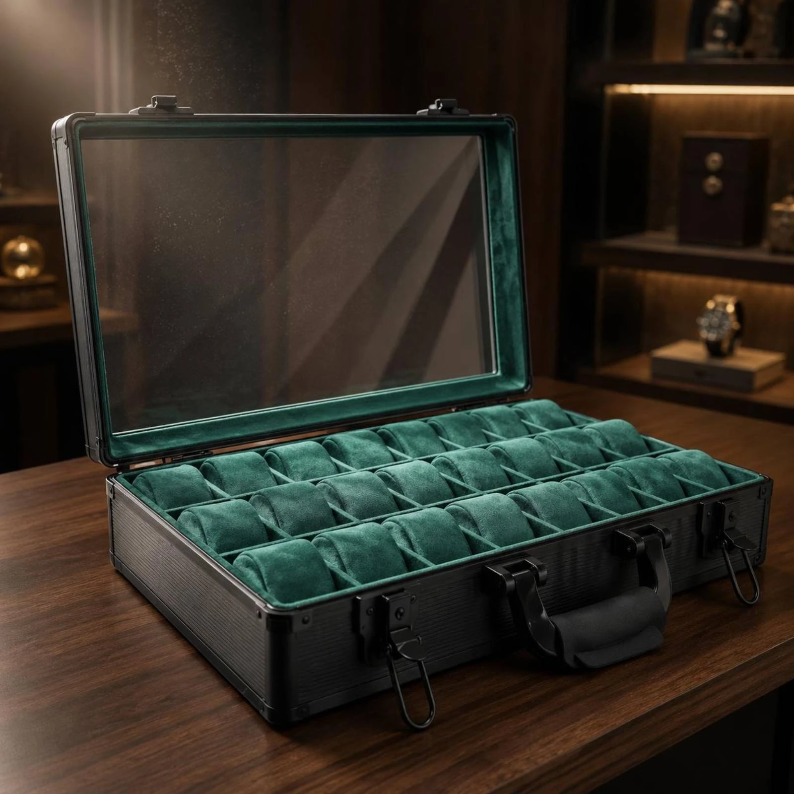

Watch Display Case 24-Slot Watch Case Storage Windowed Lid Metal Latches
