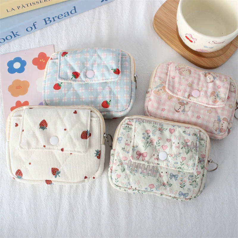 Zipper Coin Purse ID Card Holder Document Mini Flip Corduroy Wallet Cartoon Print Coin Pouch Organizer Bag Kids Cute Purse