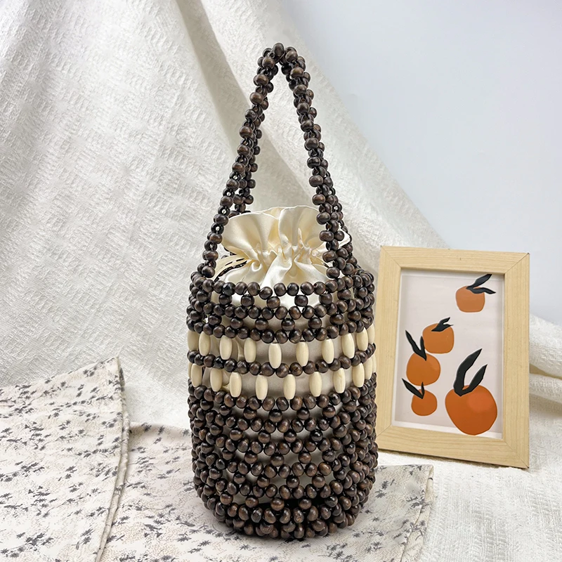

Handmade minimalist wooden bead bag, hand woven bag, women's beach vacation beach bag, carved empty handed bag, women's bag