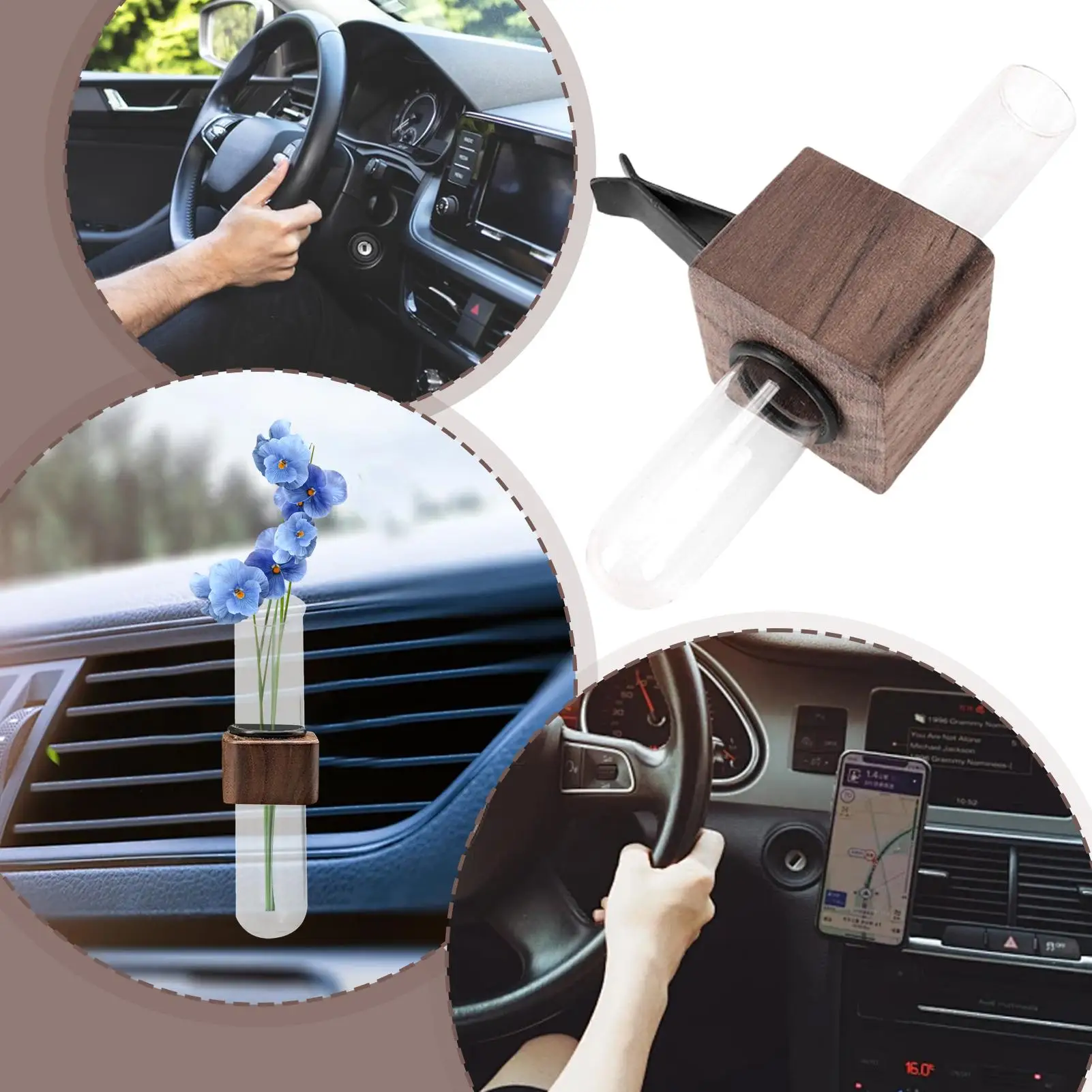 Stable Mini Car Flower Vase Clip Elegant Adjustable Car Vent Flower Vase Walnut And Glass Creative Car Vent Dashboard Decoration