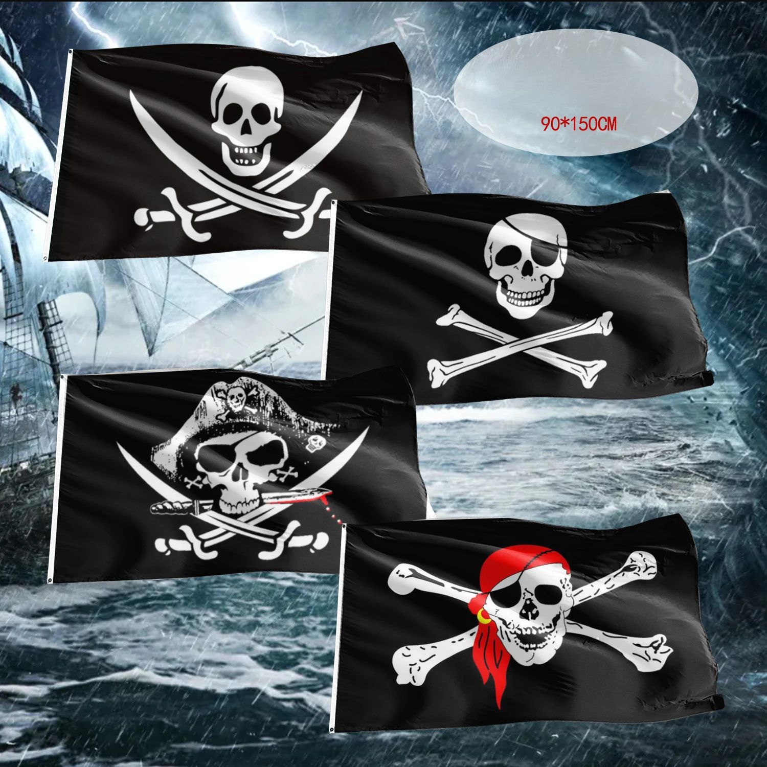 90* 150cm 1 Piece Pirate Flag Skull Flag Canvas Header Banner Polyester with Brass Grommets Halloween Theme Party Outdoor Decora