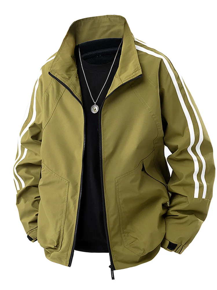 

New 2025 Men's Casual Loose Fit Stripe Jaet Stand Collar Windproof Zipper Decorated Streetwear Sle Polyester Fiber Coat