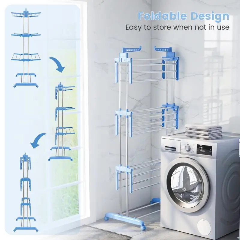 

4-tier Folding Clothes Drying Rack with Rotatable Side Wings-Blue