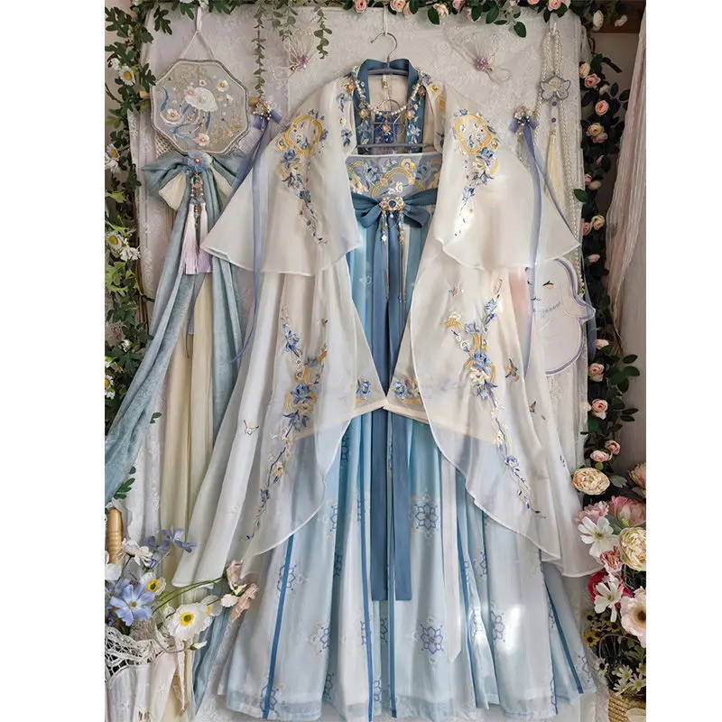 

Yourqipao Hanfu Dress Women Ancient Chinese Traditional Embroidery Female Fairy Cosplay Costume Summer Dress Blue Hanfu Clothing