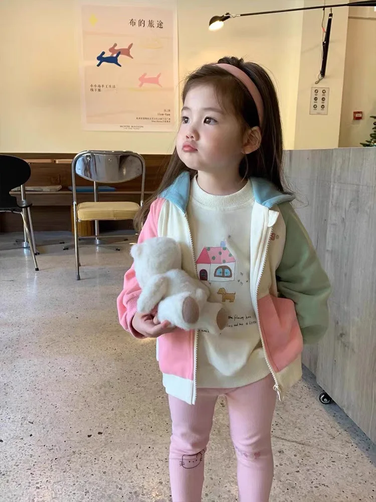 2024Baby Autumn Clothing Cute Cartoon Sweater Girls' round Neck Pullover Loose Raglan Sleeve Top Little Kid's Undershirt