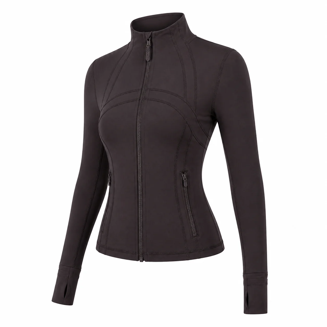 Women's Espresso Brown Slim Fit Athletic Jacket Full Zip Stand Collar Thumbhole Sleeves for Yoga Running Gym