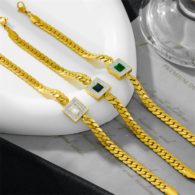 316L Stainless Steel New Fashion Fine Jewelry Embed Zircon Square 3-Colors Crystal Charm Thick Chain Imprint Bracelets For Women