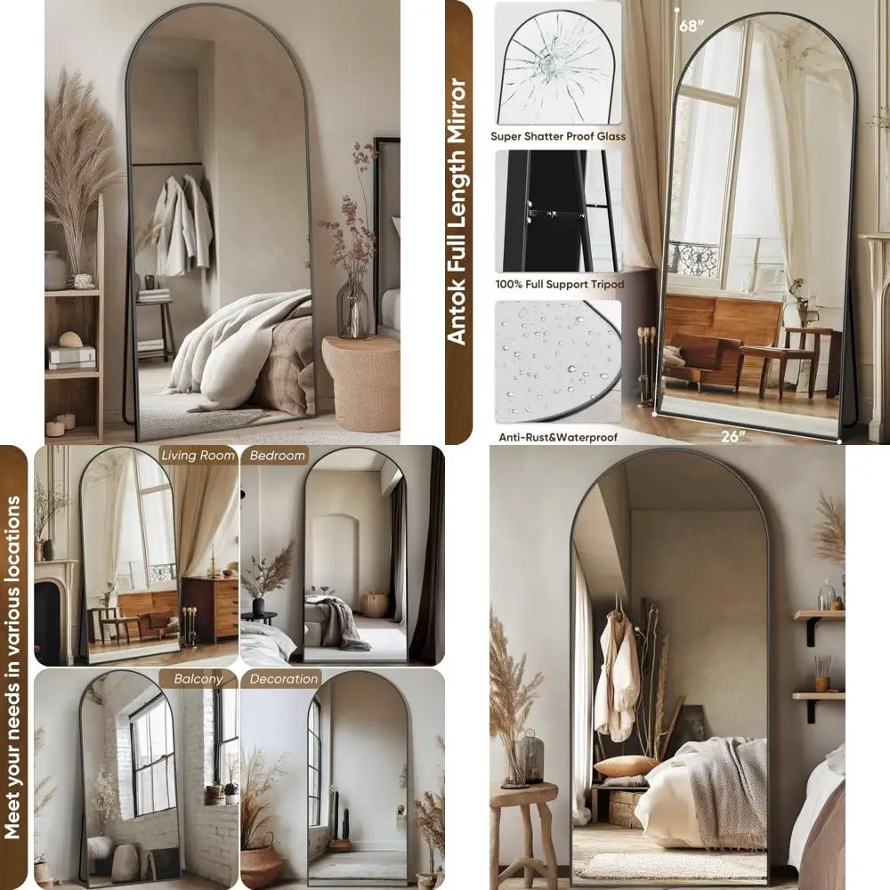 Espelho de chão estilo arco grande, 26 x 68 polegadas, preto, para quarto, sala de estar e vestiário, aumenta a percepção do espaço.