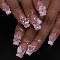 Francês Nude Rosa Dica Ballet Y2k pregos Imprensa Sobre Unhas Do Caixão Wearable Pérola Amor Unhas Falsas Charme Reutilizável Adesivo Prego Falso