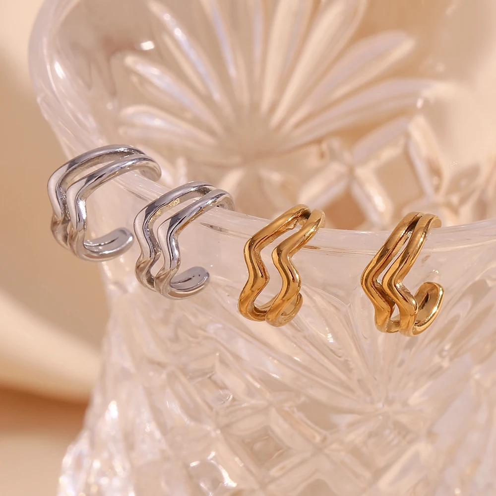 Minimalist Double Layer Wave Ear Clip Waterproof Silver Color 316L Stainless Steel Fake Piercing Gift 18K Gold Plated Jewelry image 3
