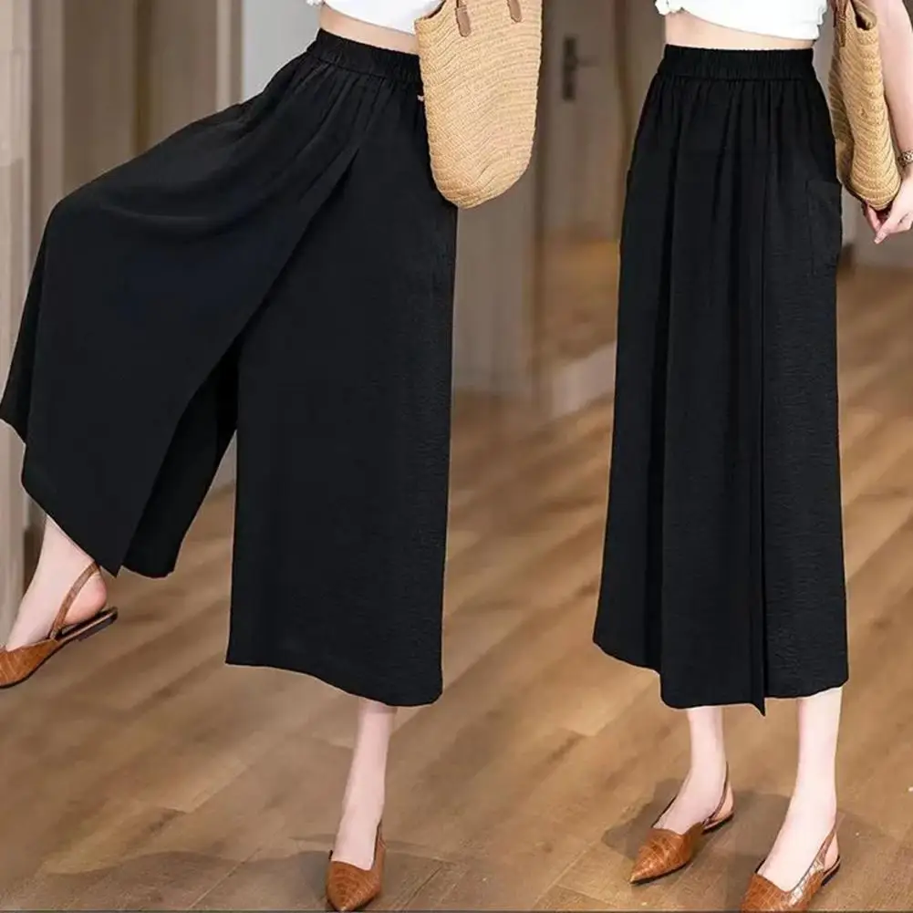 

Women Summer Pants Elastic High Waist Straight Wide Leg Long Pants Solid Color Slit Cuffs Loose Fit Skirt Pants Women Clothes