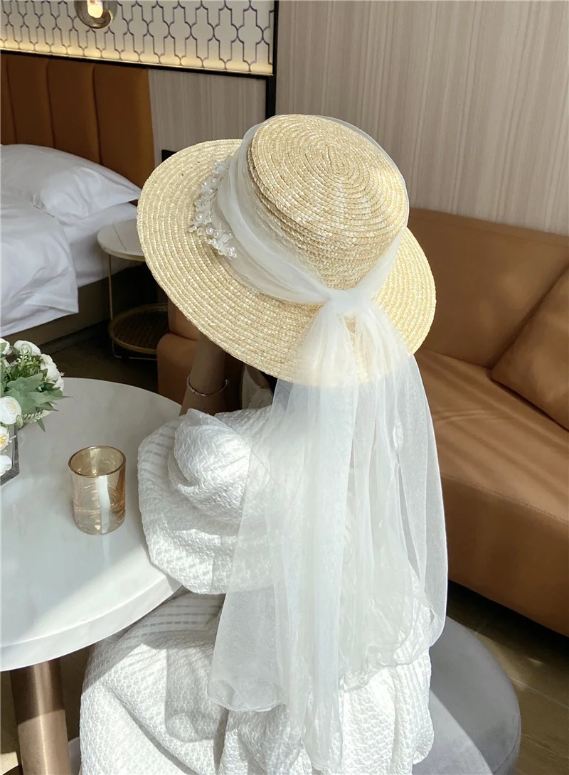 Sombrero de paja de malla con cuentas blancas para mujer, sombrero Retro francés de verano con velo de novia para novia, sombrero de ceremonia Mariage