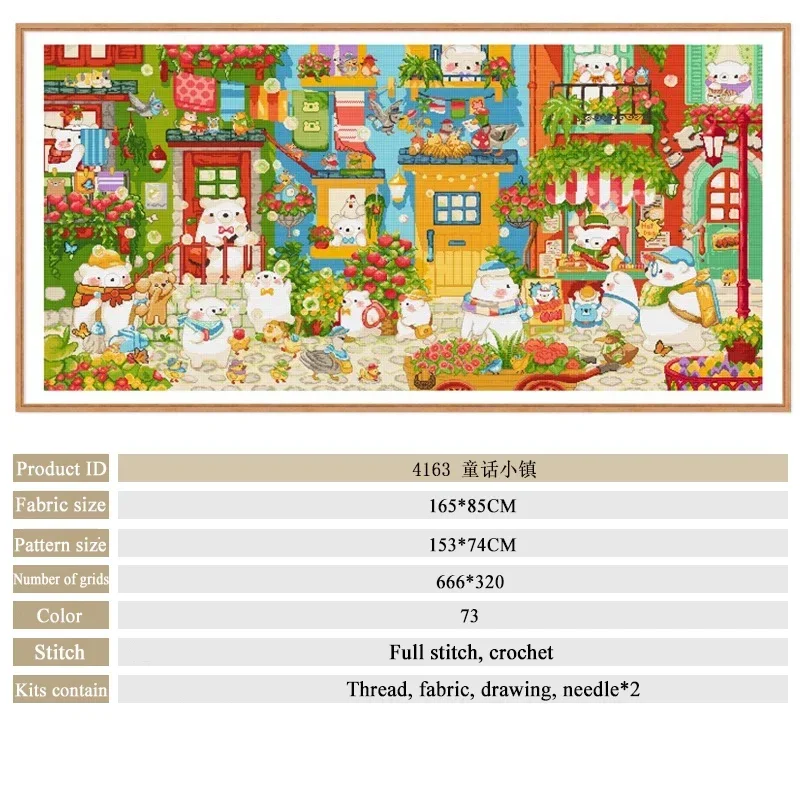 Spring Cross Stitch Kit Printed 11CT Fabric Cartoon Pattern Little White Bear Fairytale Town DIY Embroidery Complete Kit For Kid