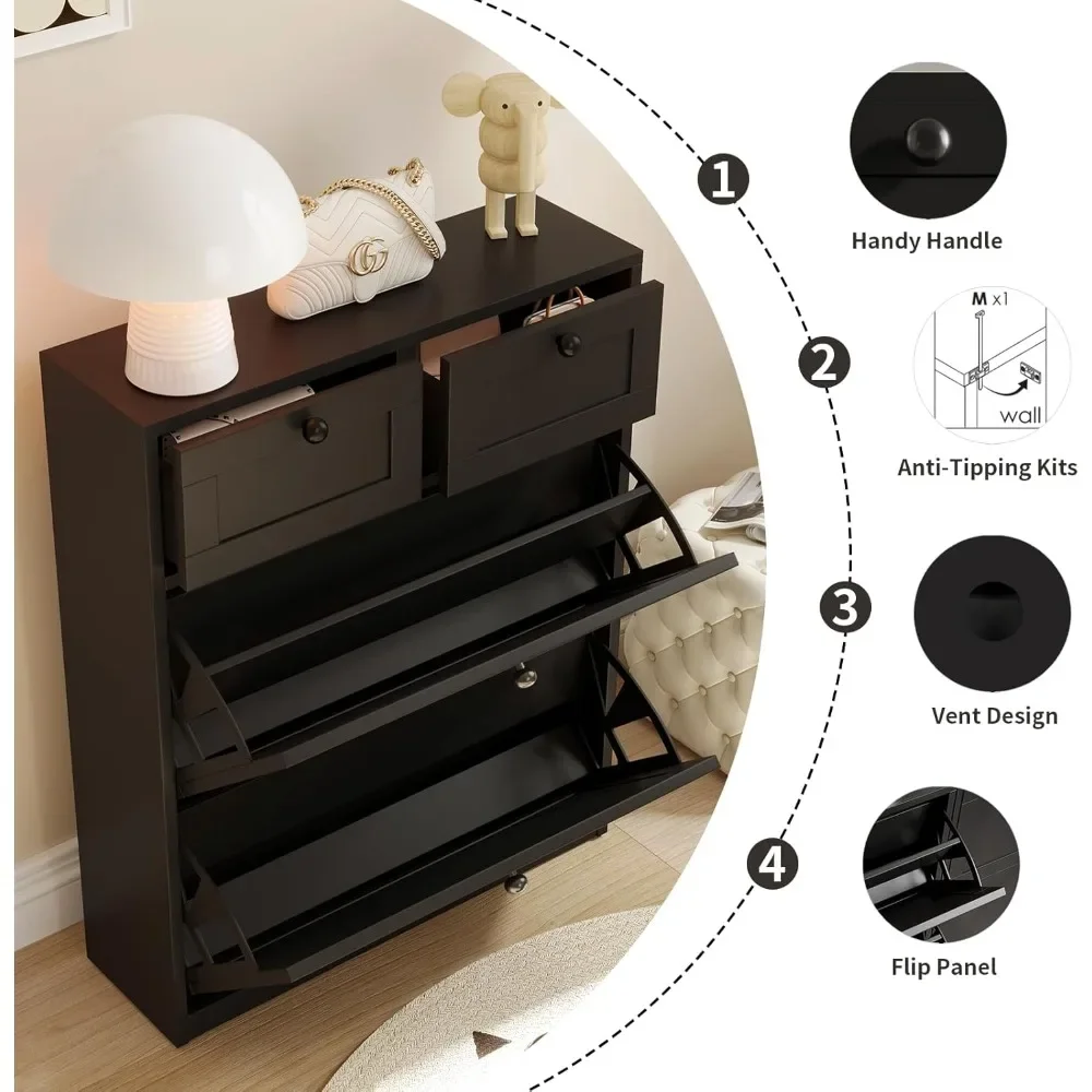 

Shoe Cabinet with 2 Flip Drawers and 2 Drawers, Independent Shoe Cabinet with Adjustable Shelves, Shoe Cabinet
