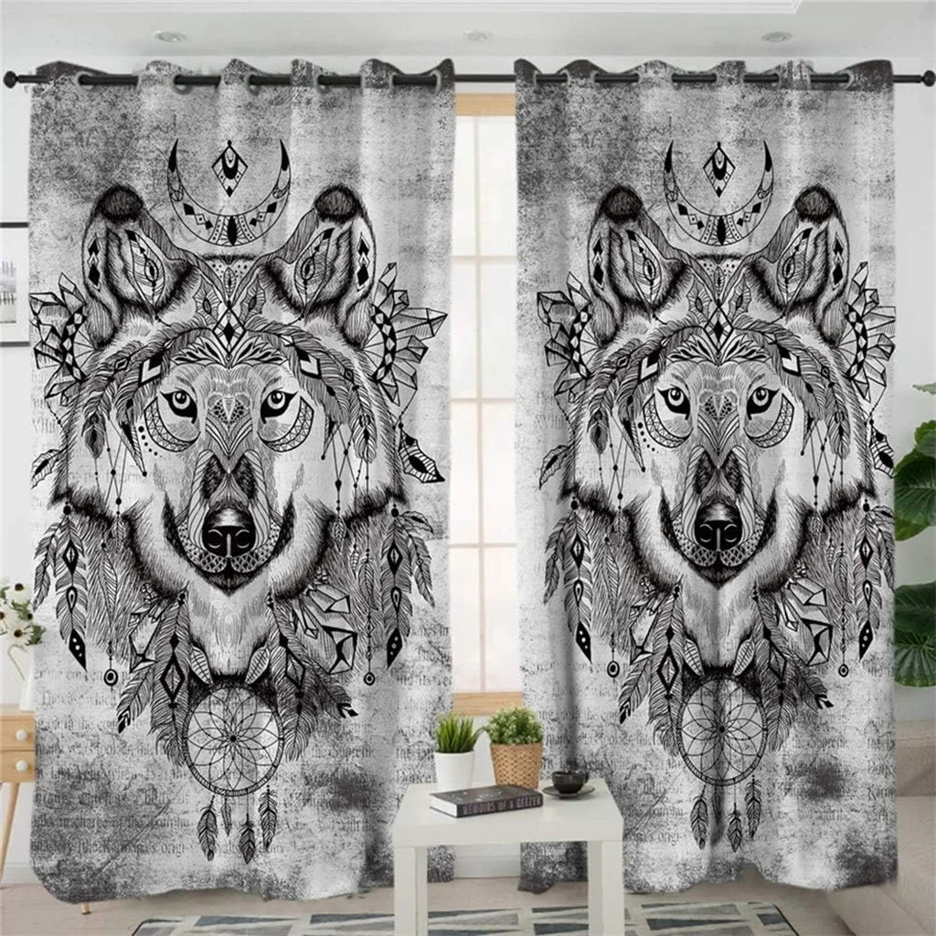 

Ancient Tribal Animals Wolf Totem Curtains 2 Panel Dream Catcher Curtains Living Room Bedroom Balcony Dining Room Decor Curtains