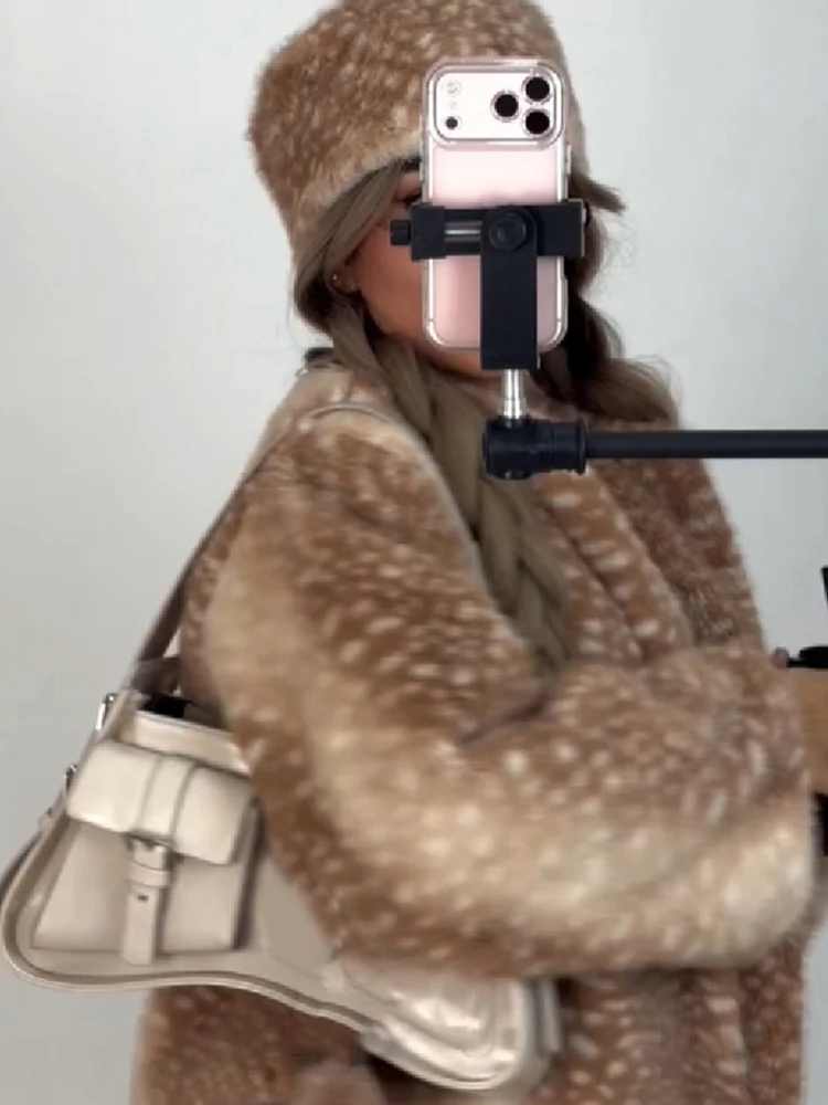 Deer Spot Print Faux Fur Cropped Jacket Women V Neck full Sleeve Loose Cardigan Coat Cute Chic Outwear Autumn Winter Lady Coats