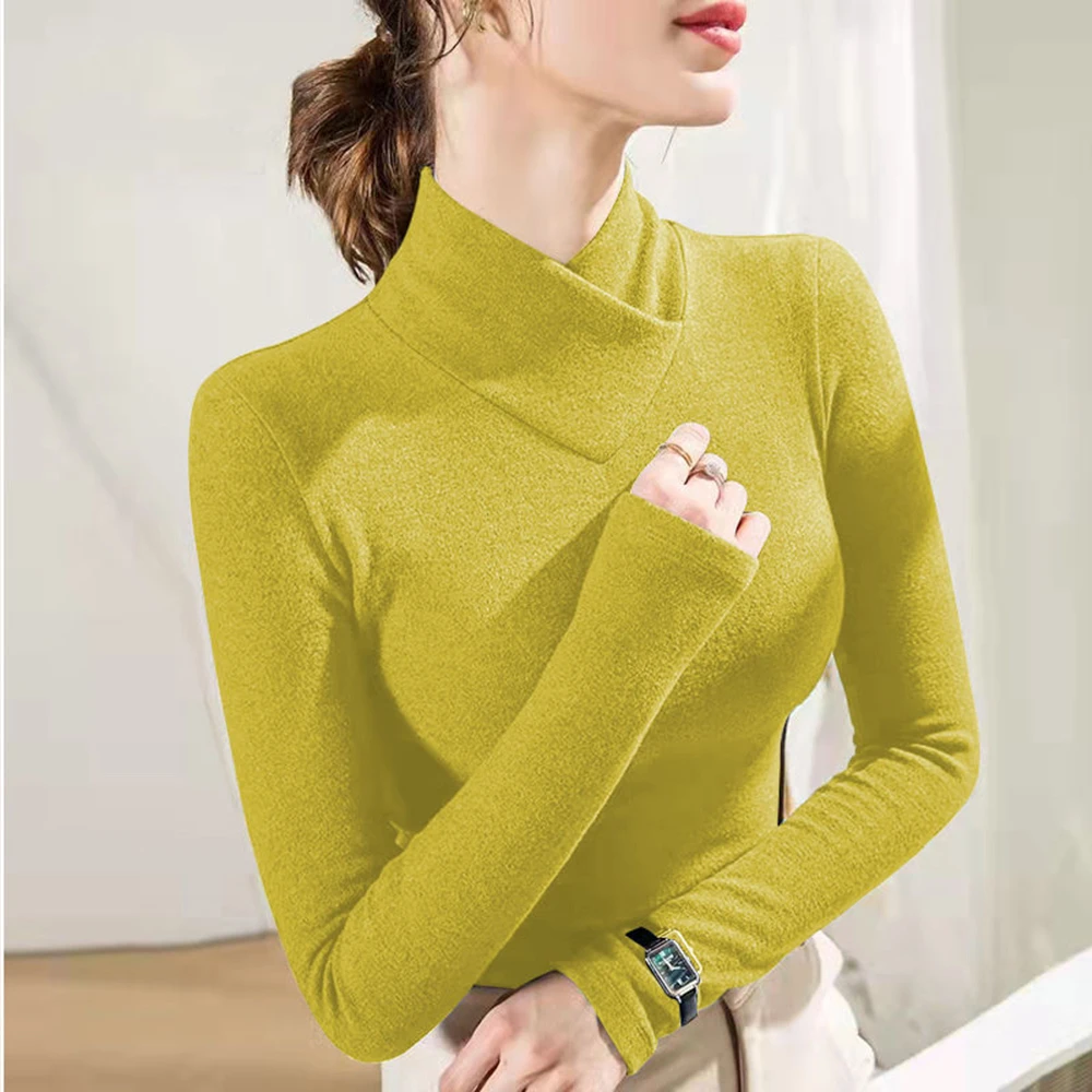 New Basic High Collar Long Sleeve Women's T-shirt Autumn Winter Long Sleeve Slim Fit Elastic Top Knitwear Sexy Versatile Tees