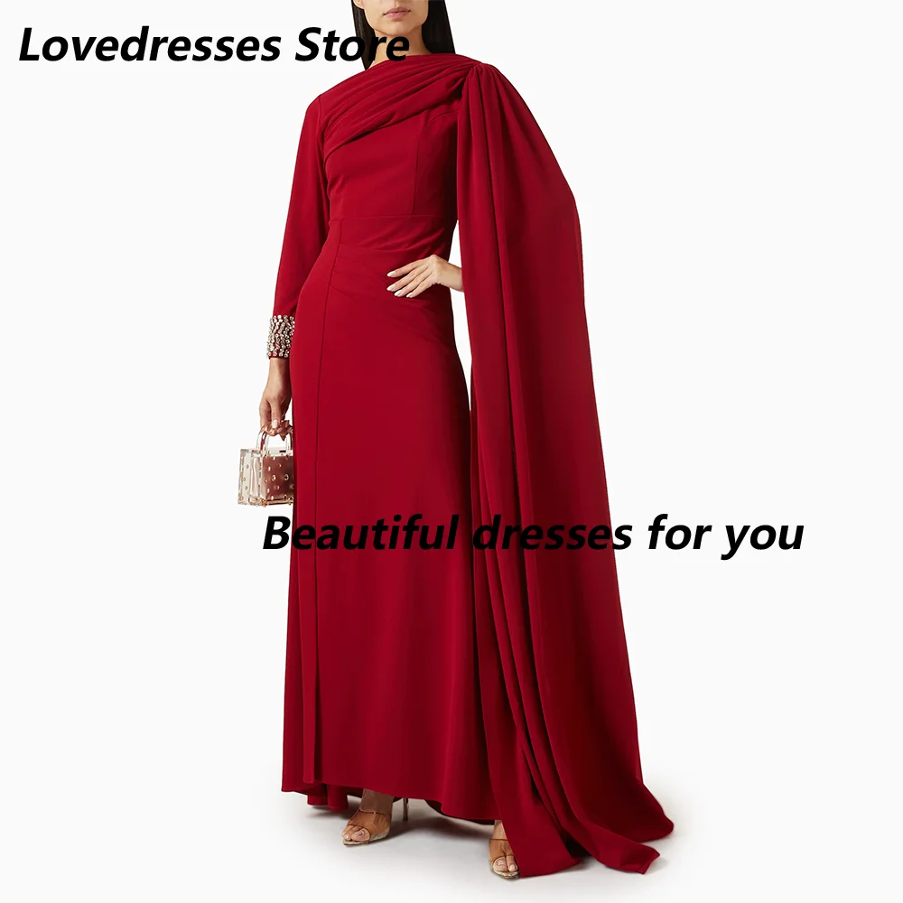 Wykwintne suknie wieczorowe Cekiny Kryształowe długie rękawy O Szyja Czerwone suknie wieczorowe dla kobiet Linia Suknia wieczorowa ślubna Dostosowane