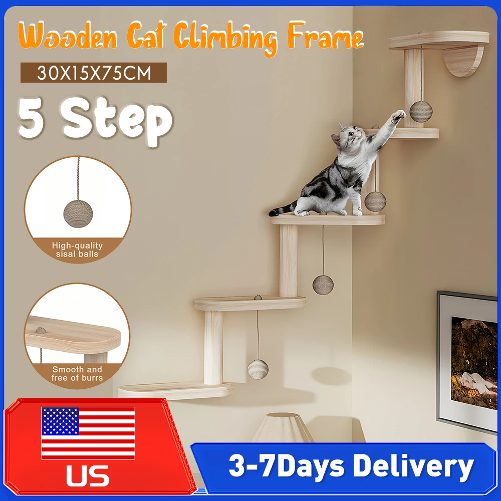 

Sturdy 5 Step Wooden Cat Climbing Ladder Wall Mounted Cat Wall Furniture Corner Shelf for Playing Sleeping Pet Activity Center