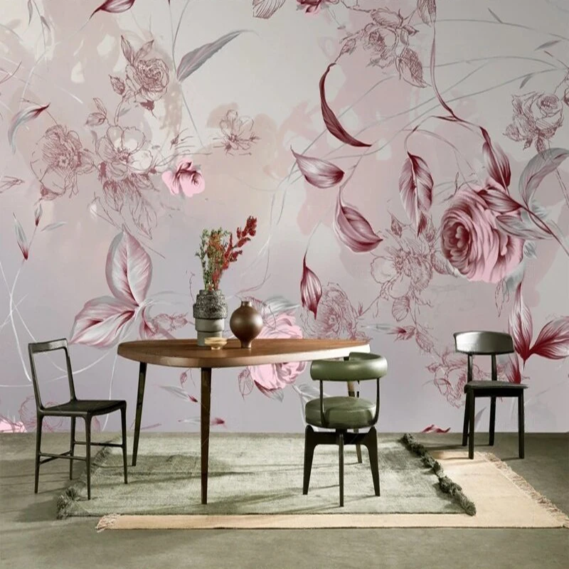 High-end light luxury pink flower dream picture Nordic tropical rainforest TV luxury home decoration background wall