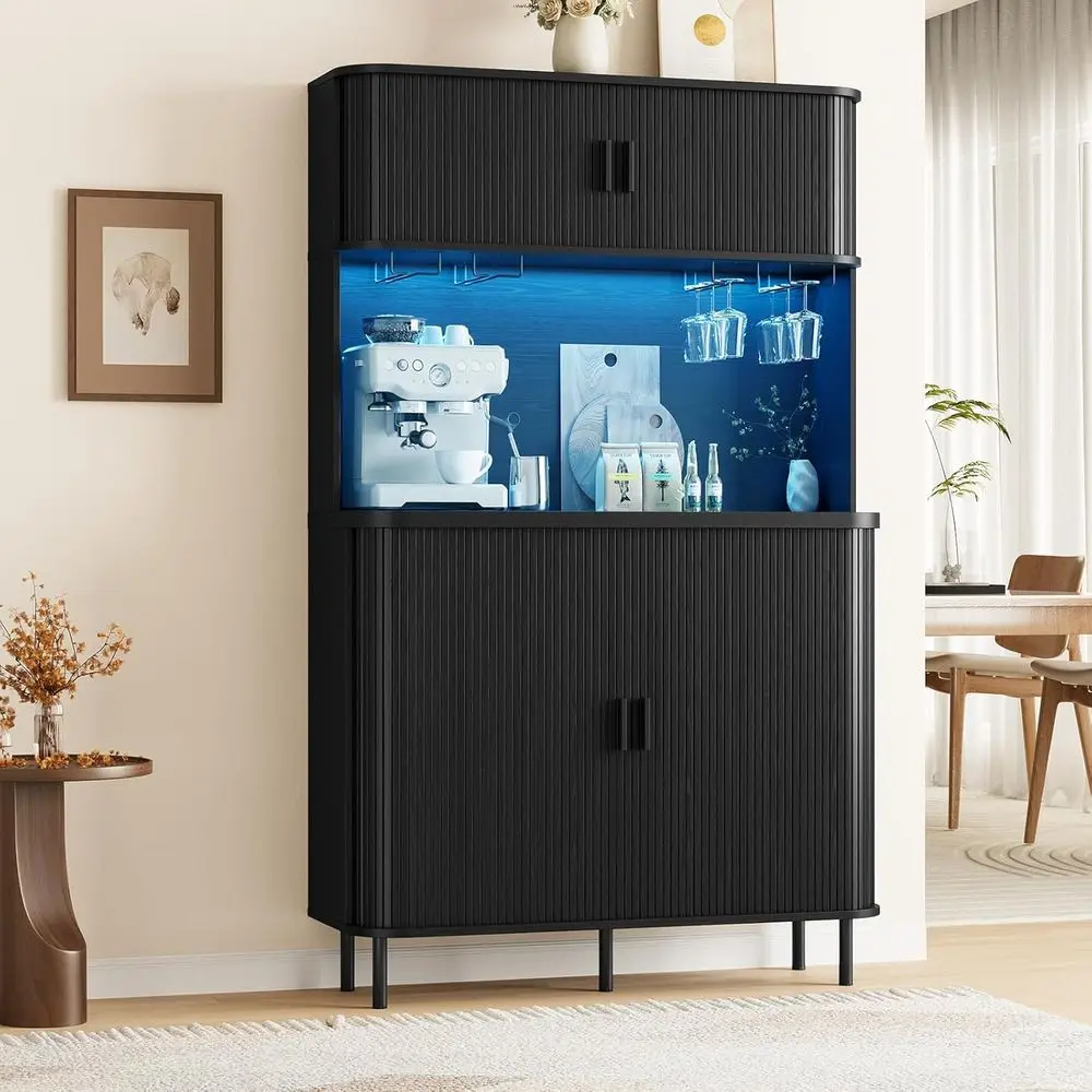 

71 High Storage Wine Bar Cabinet with LED Lighting, Wooden Liquor Storage for Home Bar and Kitchen with Glass Racks
