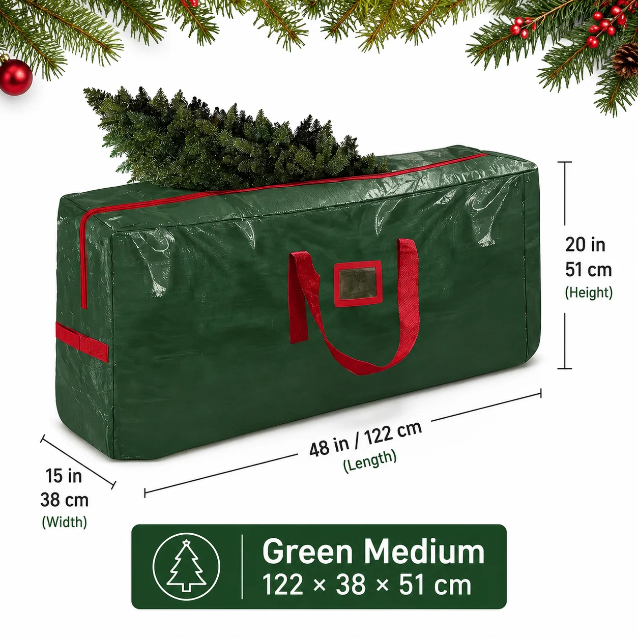 Large Christmas Tree Storage Bag with Full-Length Zipper, Reinforced Handles, Waterproof Holiday Decoration Organizer, 122×38×51