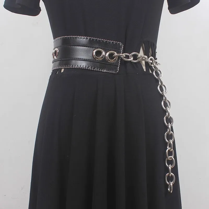 Women's Fashion PU Leather Punk Chain Cummerbunds Female Dress Corsets Waistband Belts Decoration Wide Belt R516