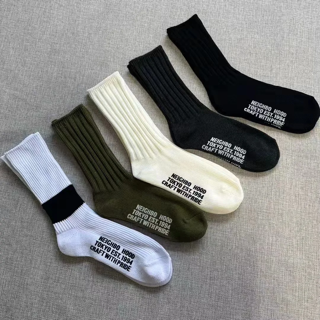 

Sold by 4 pairs/lot--NEIGHBORHOOD Double needle thick thread men's trendy regular high tube solid color socks