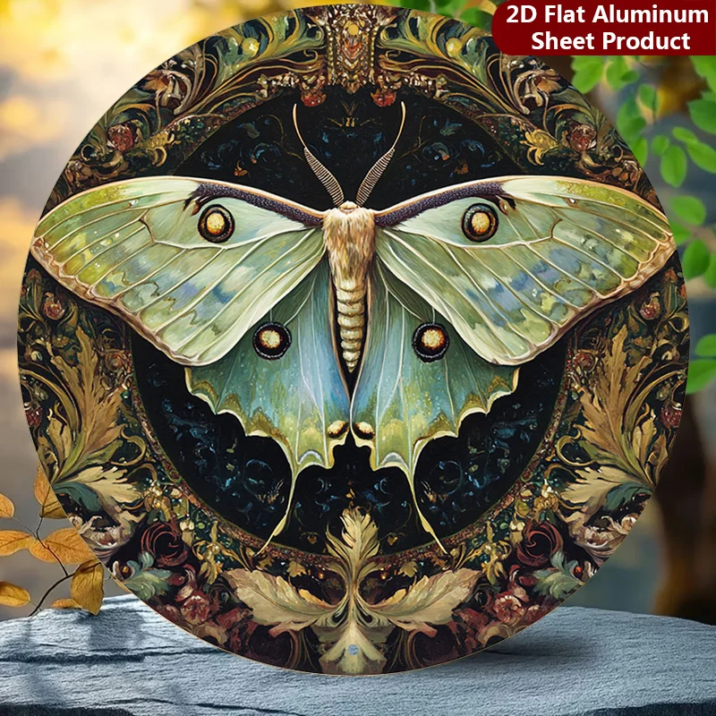 2D flat, 1 pack, Gorgeous Insect Round Sign, Vintage Theme Retro Decorative Plaque, Moth Art Porch Decoration, Wall Decor