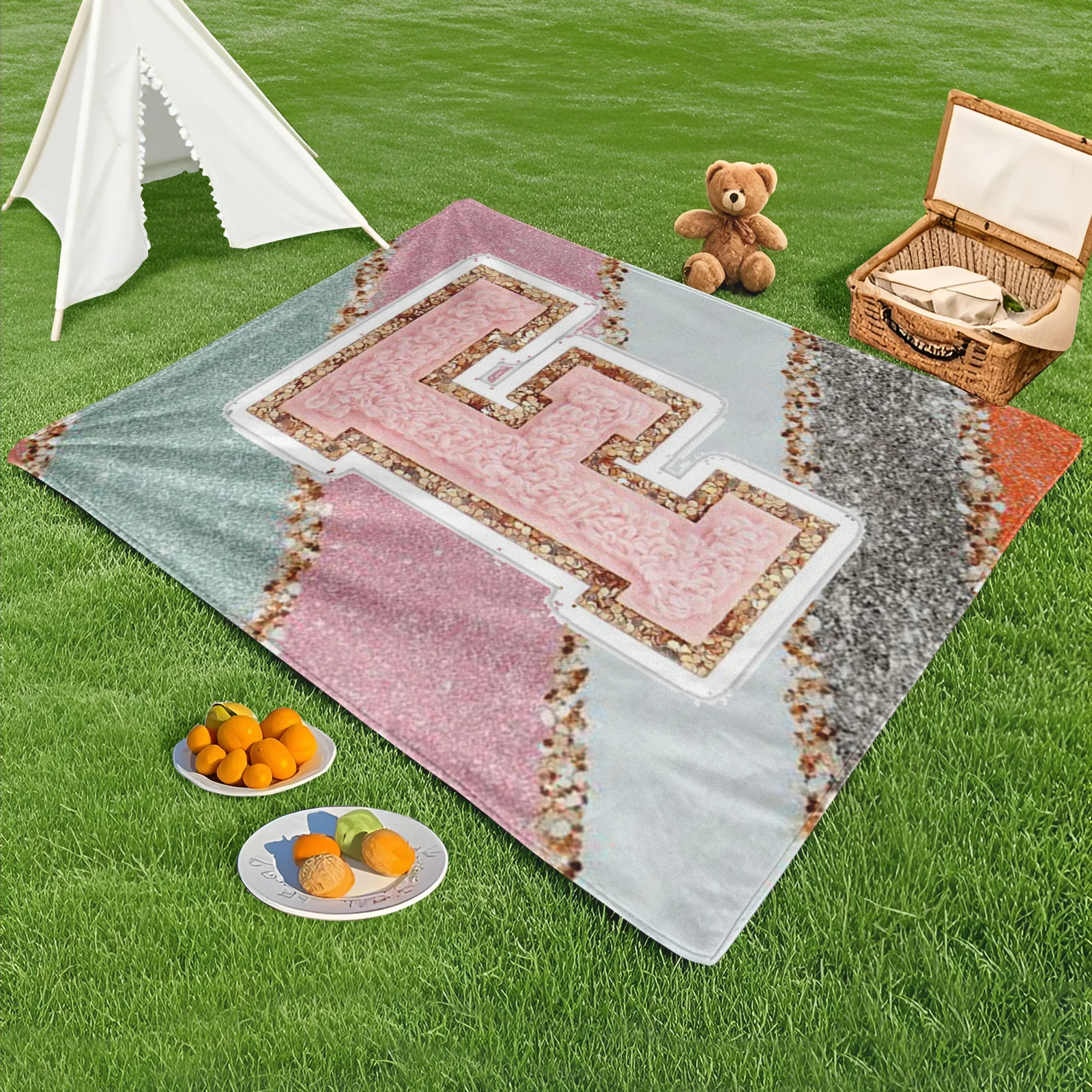 Outdoor Blanket With Letter F Design In Vibrant Pink And Orange For Stylish Outdoor Adventures Camping And Beach Relaxation