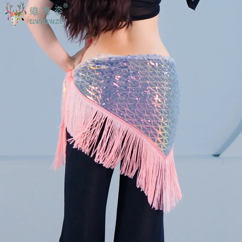 Belly Dance Training Hip Scarf Tassel Sequins Triangle Skirt Practice Clothes Female Adult Elegant Belt Performance Accessories