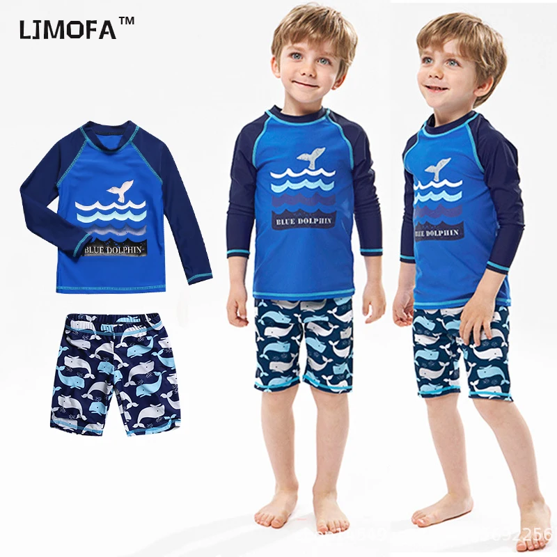 

LJMOFA Kids Boys Summer Swimsuit with Pants Casual Shark Printed Children Long Sleeve Swimwear Surfing Suit Bathing Suit D472