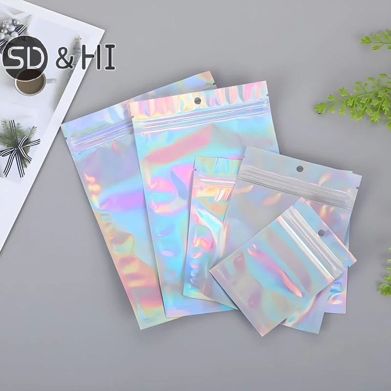 50-piece Holographic Bag, Multi-size Laser Rainbow Pattern Self-sealing Bag, Suitable For Candy Bag And Front Window Samples