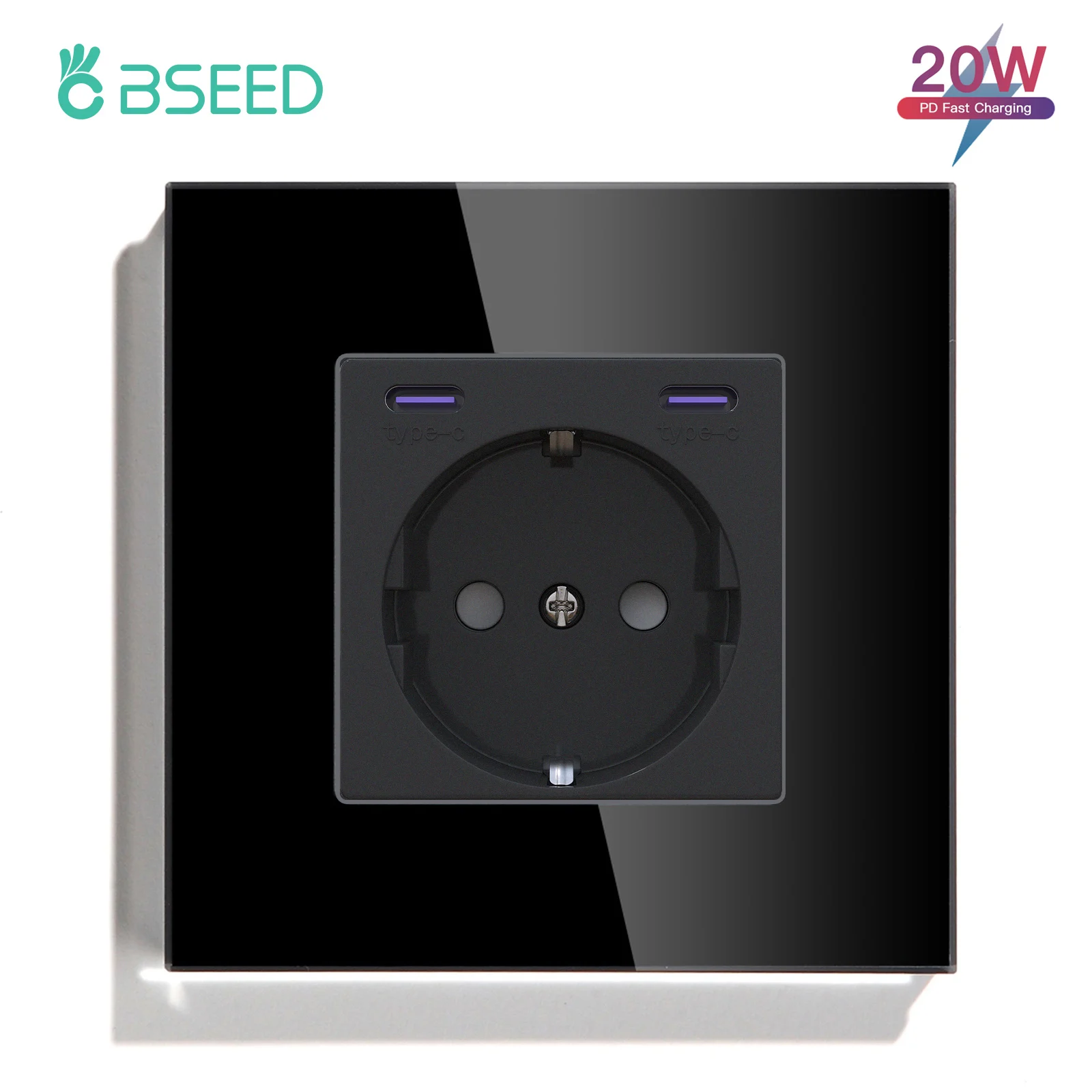 BSEED PD Schnelllade-USB-Typ-C-Wandsteckdose, EU-Standard-Steckdosen, Doppelsteckdosen, Glas, dreifache Steckdosen, Wandmontage