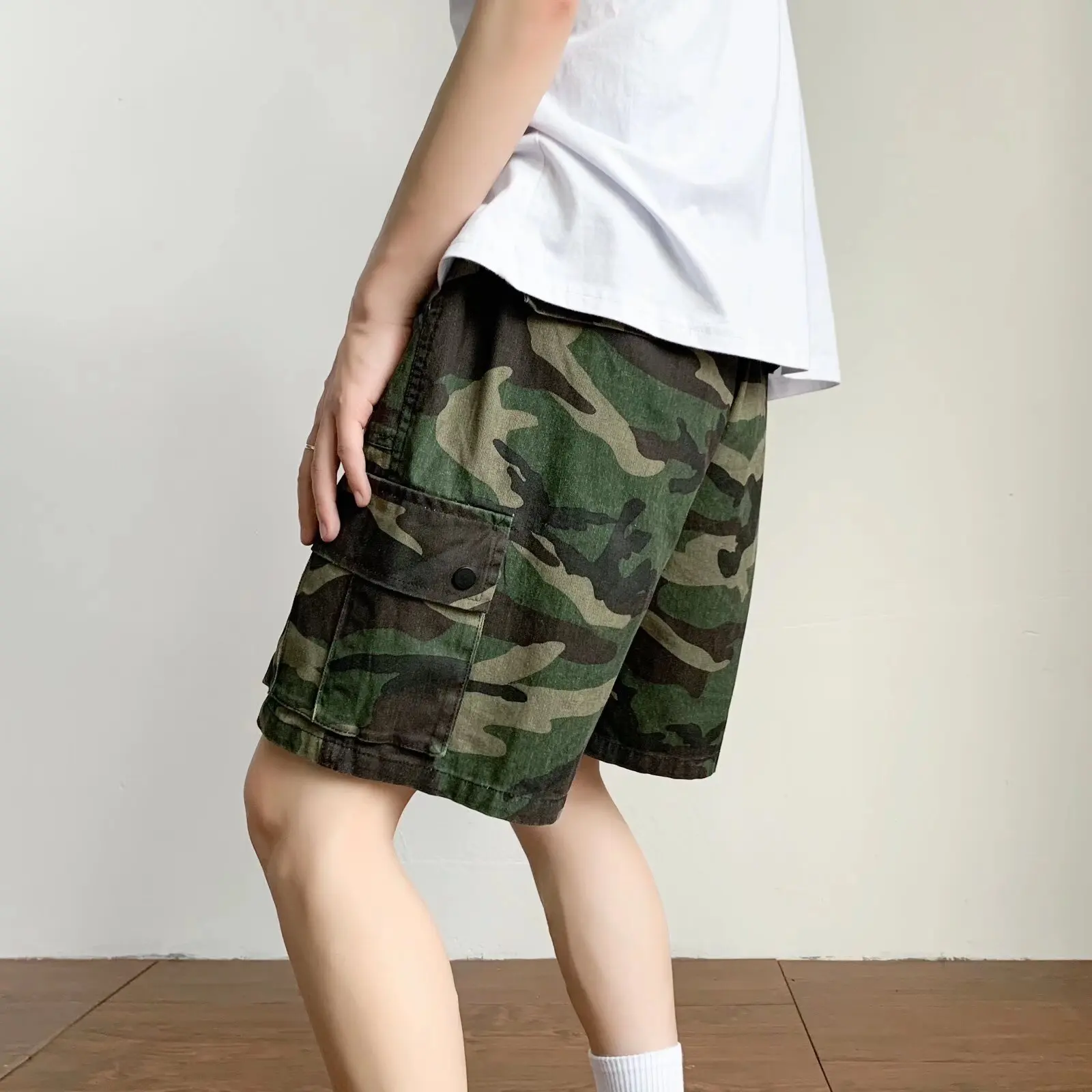 Cargo Shorts Men Casual Loose Daily Summer Drawstring Camouflage Large Pocket Knee-length Japanese Style Fashion All-match Chic