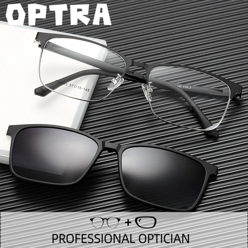

OPTRA Polarized Magnetic Clip Eyeglasses Casual Style Two Color Sunglasses Anti Blue Light Optical Prescription Reading Eyewear