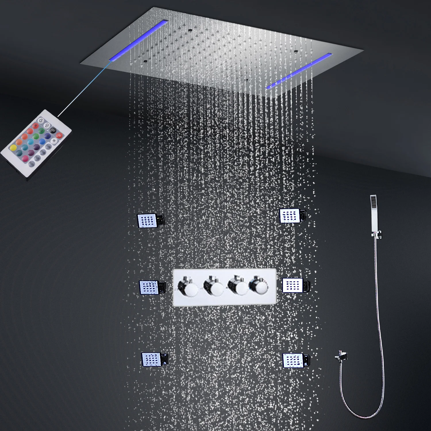 hm Rainfall LED Shower Set Systems Thermostatic Mixer Bathroom Faucets Brass Concealed Ceiling Rain Showerhead with Body Jets