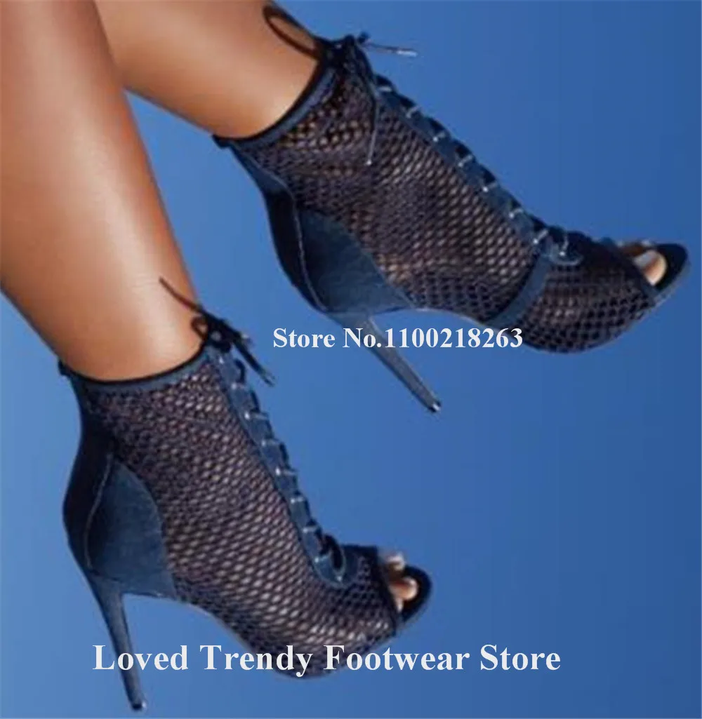 

Fashion Blue Black Patchwork Mesh Stiletto Heel Short Gladiator Boots Peep Toe Lace-up Thin Heel Ankle Booties Big Size Heels