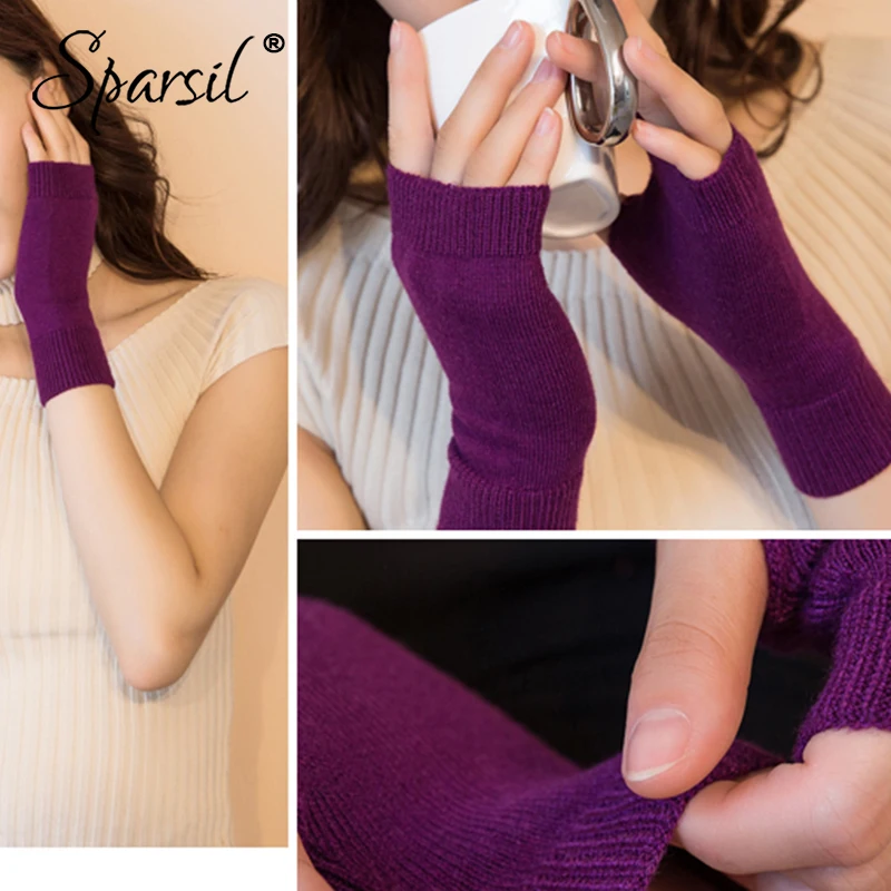 Sparsil Women Winter Cashmere Glove Knitted Fingerless Wool Warm Solid Stretch Half Mitten Lady Cute Cotton Fashion GlovesFemale