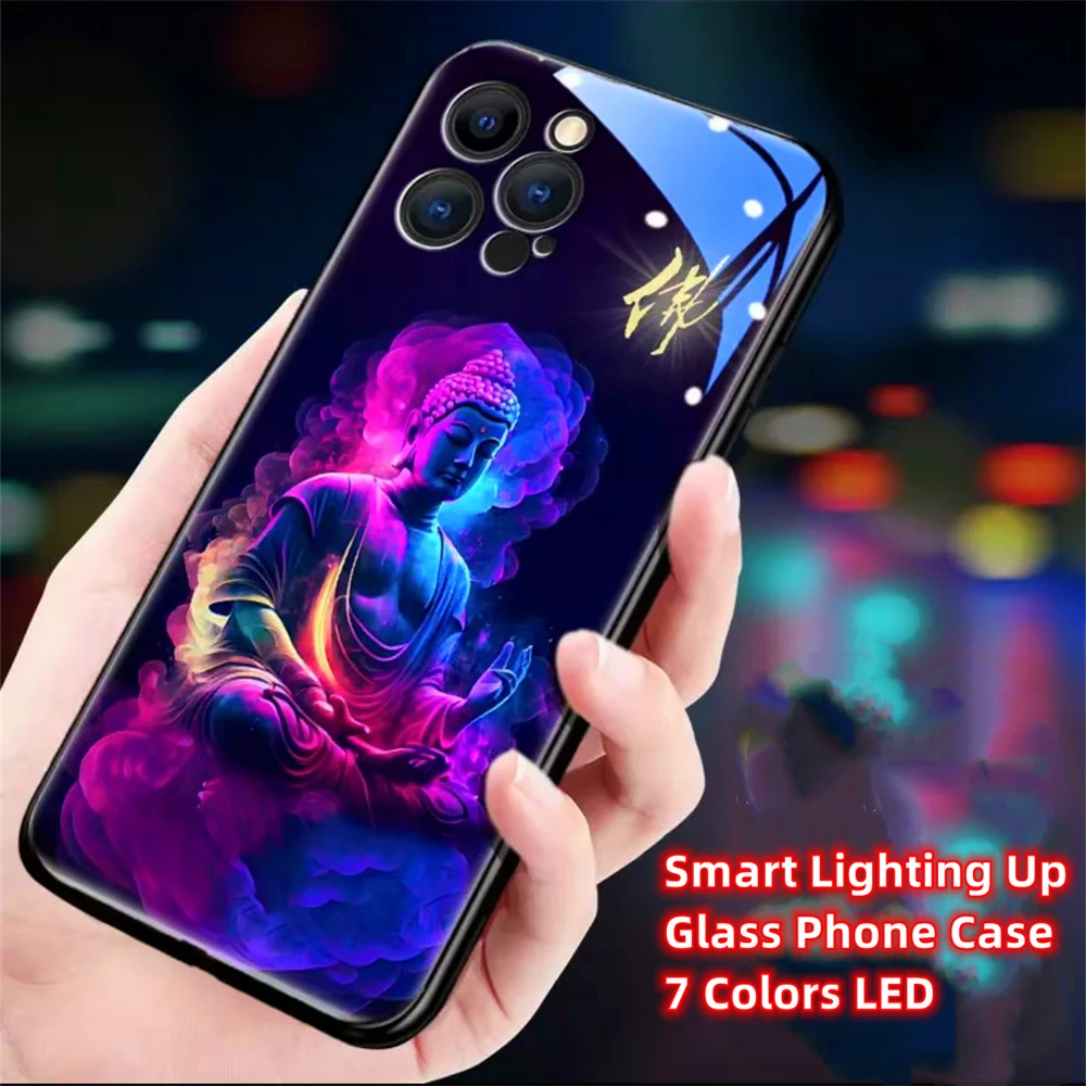 

Colorful Buddha Master Smart LED Light Glow Tempered Glass Phone Case For iPhone 16 E 15 14 13 12 11 Pro Max XR XS Plus SE2020