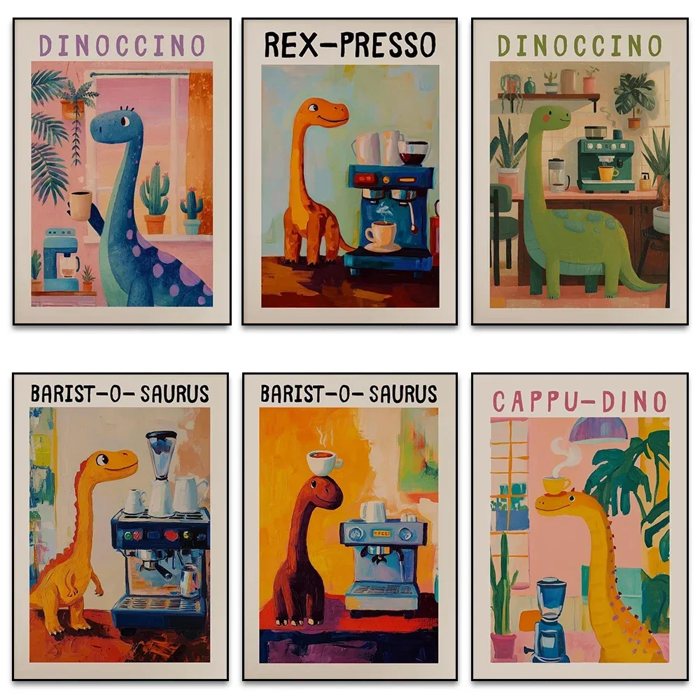 No Framed Printing Picture Cute Coffee Dinosaur Lovers Canvas Print Poster Dopamine Dinosaur Decorative Mural Modern Home Room