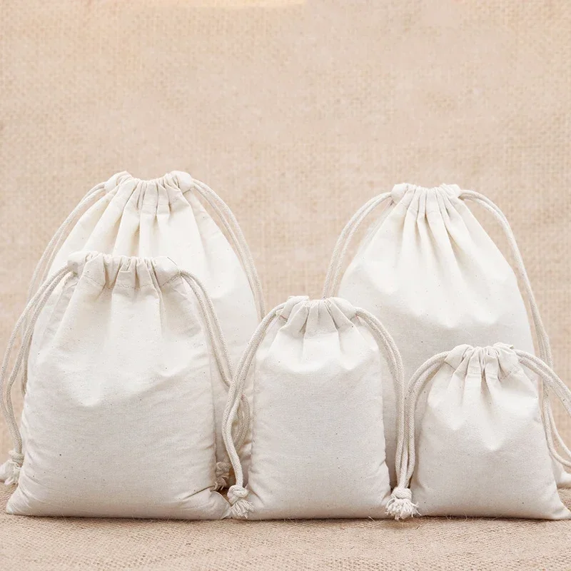 

50p Organic Cotton Drawstring Storage Bags Big Size Reusable Muslin Dust Bag Pouch Wedding Candy Bar Gift Packaging Custom Logo