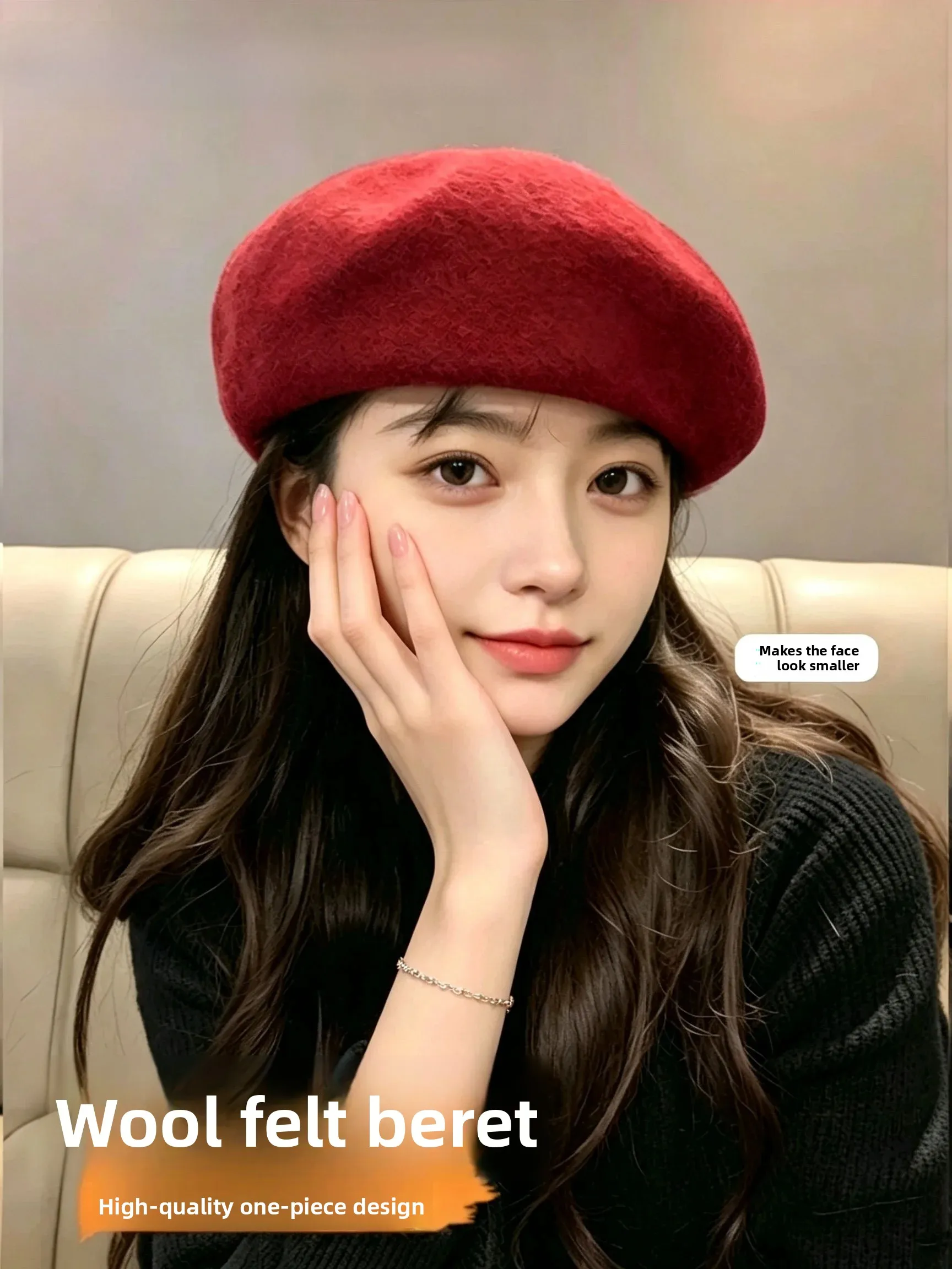 original-autumn-winter-cotton-wool-beret-hat-women's-face-slimming-red-simple-painter-hat-adjustable-round-top-no-brim-foldab