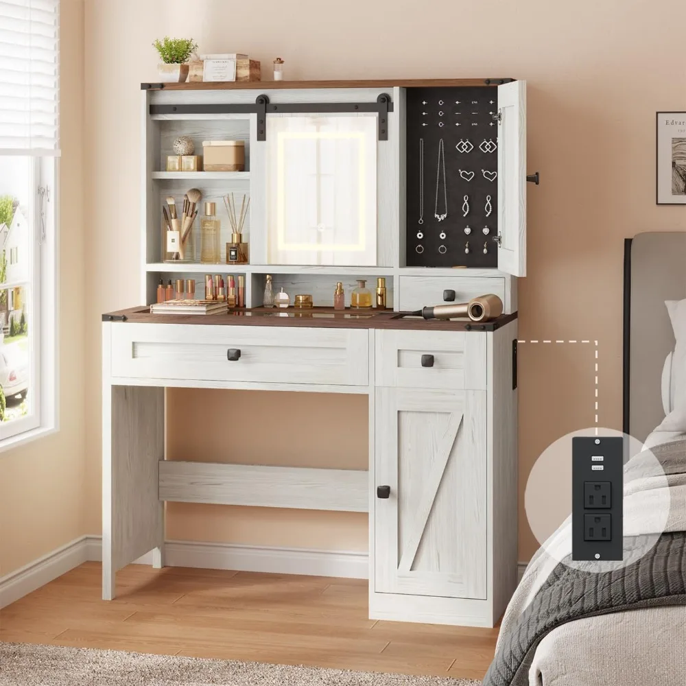 

Makeup Vanity Desk with Mirror and Lights, with 2 Drawers, Cabinet, Jewelry Cabinet, Vanity Set for Bedroom