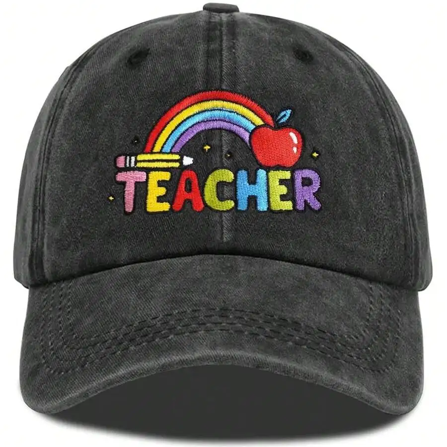 

Embroidered Teacher Baseball Cap With Rainbow Pencil Design Adjustable Adult Hat