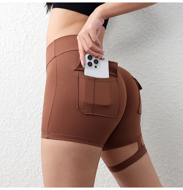 2024 Summer Women\'s Fitness shorts Workwear pocket Shorts Sexy Buttock Lifting Comfortable High Waist Stretch Sports Leggings