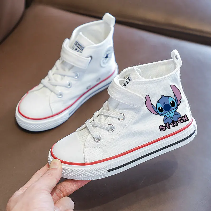 Stitch Children Canvas Shoes Cartoon Stitch Kids High Top Canvas Tennis Shoes Girls Boys White Casual Sneakers Size 25-36