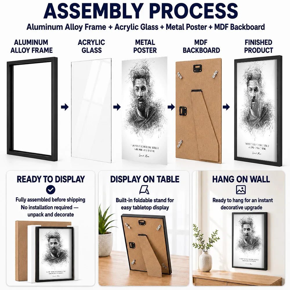 Lionel Messi Quotes Framed Metal Print Personalized Sketch Drawing Wall Art For Bedroom And Clubhouse, Soccer Enthusiast Gift